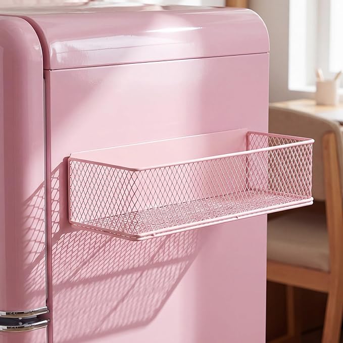 FoldTier 1 Pack Pink Magnetic Basket Fridge Organizer, Magnetic Shelf Containers Storage Bin Holder for Kitchen Dorm Locker Refrigerator Classroom Whiteboard Office Table (13.8 x 3.1 x 4.9 Inch)