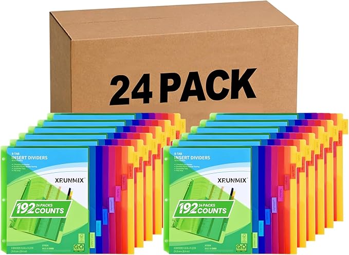8-Tab Binder Dividers - Index Pockets Divider for 3 Ring Binders, 3-Hole Plastics Sheets Protectors for US Letter Size in 0.5'', 1'', 2'', 3 inch Binders, 8 Colors (XY004) (24 Packs)