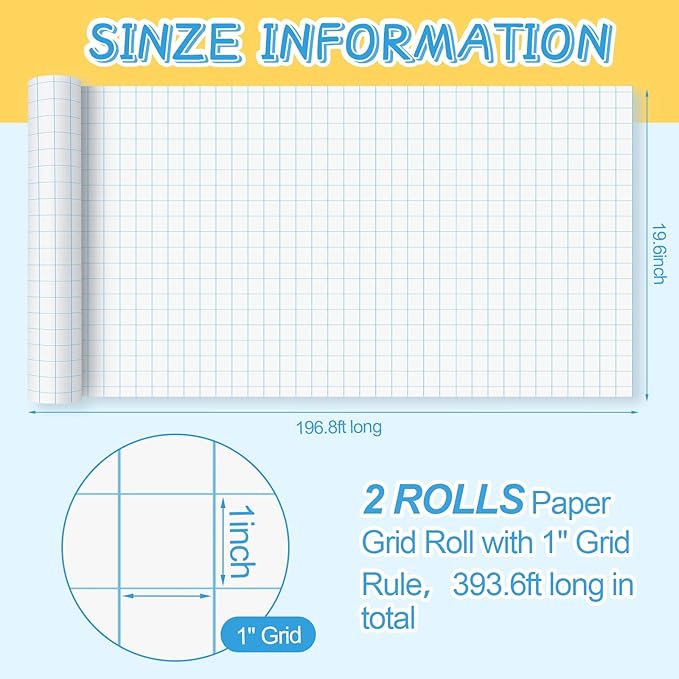 Jetec 2 Roll Large Grid Graph Paper Roll 1" Grid 16.5 Inch x 197ft Sewing Pattern Paper for Back to School Classroom Teaching Drafting Supplies Kids Students Gifts