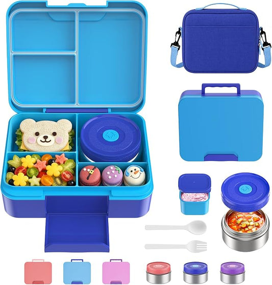 Bento Lunch Box Set for Kids with 8.5oz Hot Food Jar Leak-Proof Lunch Food Container with Insulated Lunch Bag for Toddlers Girls Boys Teens to School, Office, Picnic, Camping, Travel - Blue