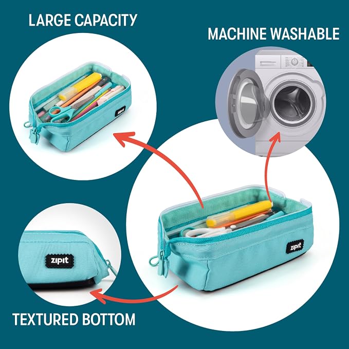 ZIPIT Lenny Pencil Case, Wide-Opening Zipper Pouch for Girls and Boys, Teal