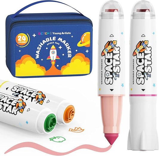 Betem Scented Washable Markers for Kids 24 Colors Stamp Markers for Toddlers, Non Toxic Water-based Dual Tip Marker Set for Kids, Coloring Markers for Classroom Art Supplies with Portable Bag