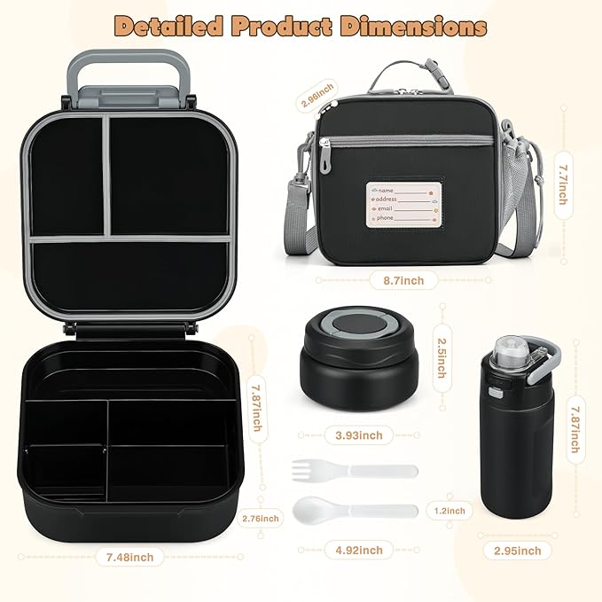Bento Lunch Box for Kids with 7oz Soup Thermo,Insulated Stainless Steel Kids Water Bottle with Straw and Insulated Lunch Bag,Leak-Proof Lunch Food Container with Ice Pack for School (Black)