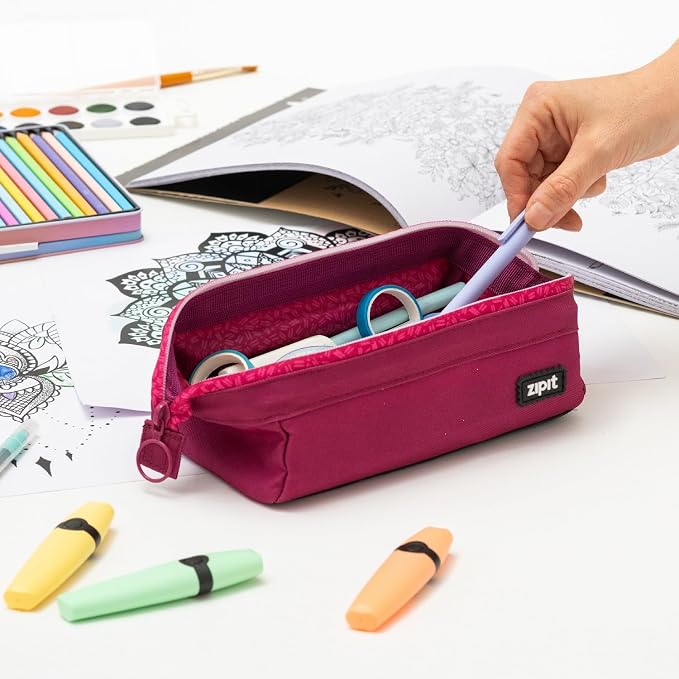 ZIPIT Lenny Pencil Case, Wide-Opening Zipper Pouch for Girls, Pink | Aesthetic pouch for school, machine washable, colorful lining, holds 55 pens & pencils, doubles as a makeup case for travel