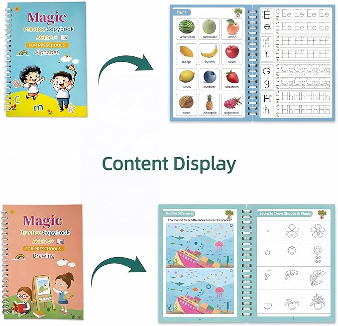 Magic Grooved Writing Practice Books for Kids 3-8, Reusable Handwriting Practice Copybook Set with Disappearing Ink, 4 Pack Preschool Writing Kit for Alphabet Number Math Drawing