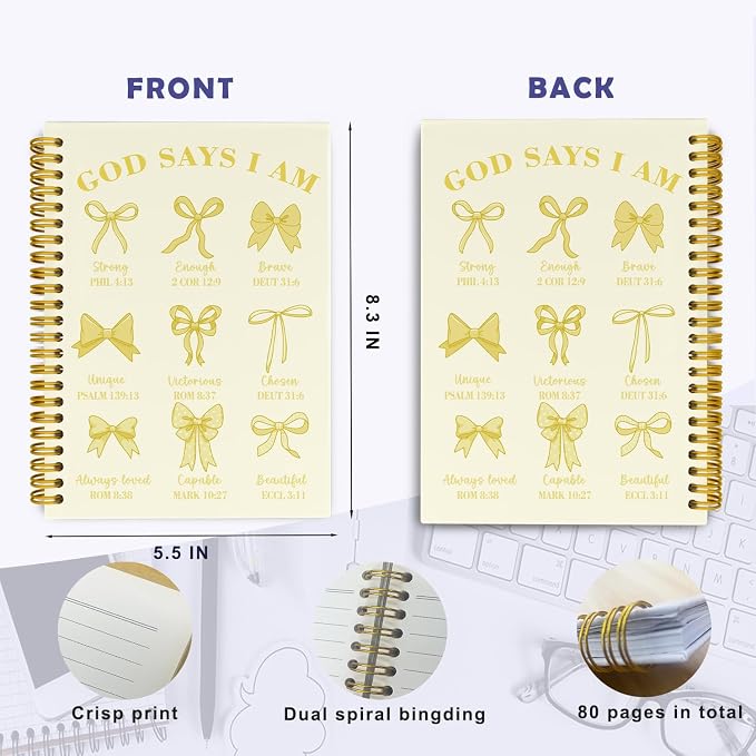 THDSE Bible Journal for Women, Christian Prayer Journal Notebook Gifts for Teen Girls Kids, Bible Study Supplies, Cute Bows Church Faith Journaling Hardcover Spiral Notebook 5.5 X 8.3(Baby Yellow)
