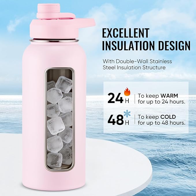 Fijinhom 32 oz Insulated Water Bottle with Handle, 304 Stainless Steel Water Bottles with Wide Mouth, Double Wall Vacuum Sports Water Bottle, BPA Free, Keep Cold and Hot, Pink