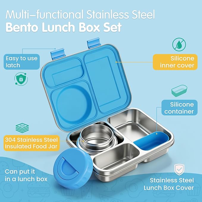 Stainless Steel Bento Box Kids Adult with 8oz Soup Thermo, 3 Compartments Metal Bento Lunch Box with Insulated Food Jar,Lunch Box Container Sauce Cup for School,BPA-Free(Blue)