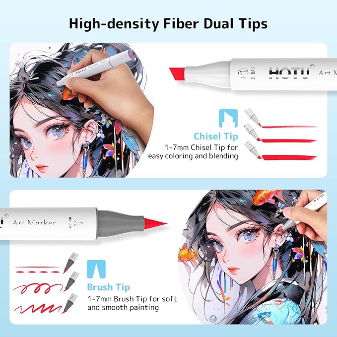 HOTU Alcohol Markers Brush Tip and Chisel Tip：60-Color Double Tipped Art Marker Set for Artist Adults Cozy Coloring books-with Seamless Blending- Brush and Chisel Dual Tips- CPC Certificated