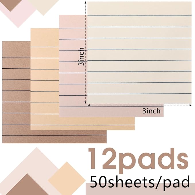 AmazingSpark 12 Pack Boho Color Lined Sticky Notes 3x3 Inch Post Ruled Stickies Super Self Stick Power Memo Pads Multi Colors Notes Pads Vintage Aesthetic School Office Supplies Accessories