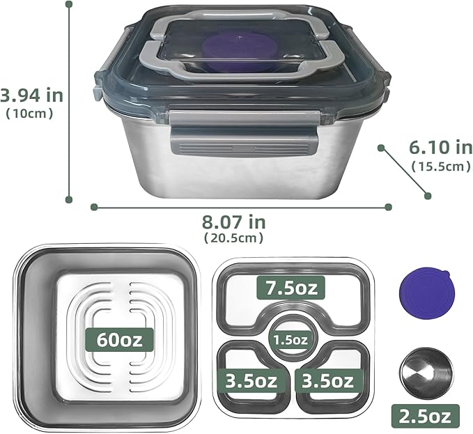 Salad Container for Lunch Stainless Steeel Salad Container 60-oz Salad Bowl with Lid 4-Compartment Bento-Style Tray, 1.5-oz Salad Dressing Container,Dishwasher, Microwave, and Oven Safe (Gray Lid)