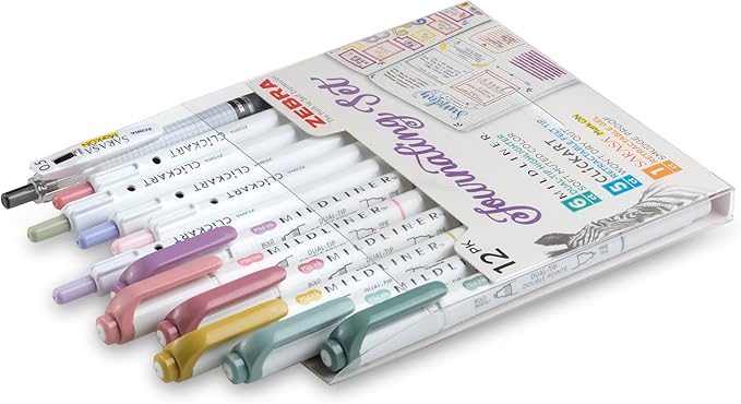 Zebra Pen - Premium 12-Pack Journaling Set - No Bleed MILDLINER Highlighters, CLiCKART Pens & SARASA Gel Pen - Assorted Colors for Note-Taking, Bible Study, Journaling and Creative Planning (14012)