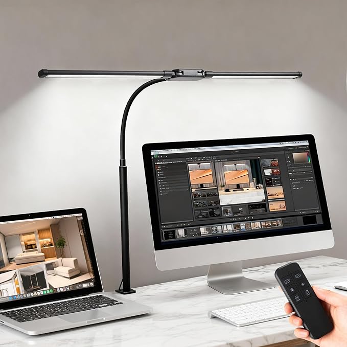 LED Desk Lamp with Clamp, Double Head Adjustable Architect Light, Eye-Caring Monitor Desk Lamp for Home Office, Flexible Gooseneck Task Lamp with 10 Brightness Levels & 5 Color Temperature Modes Black