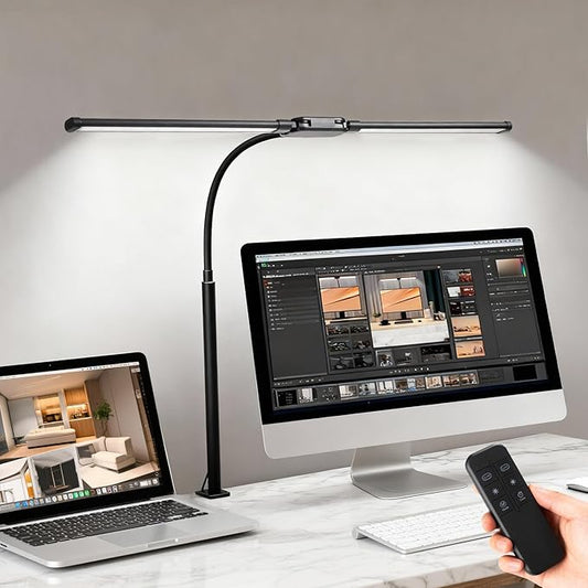 LED Desk Lamp with Clamp, Double Head Adjustable Architect Light, Eye-Caring Monitor Desk Lamp for Home Office, Flexible Gooseneck Task Lamp with 10 Brightness Levels & 5 Color Temperature Modes Black