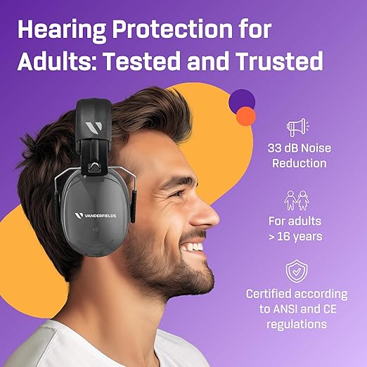 Vanderfields - Hearing Protection Ear Muffs - Over 35 dB (2K Hz) Broad Noise Cancelling Sound Reduction - Adults & Teens