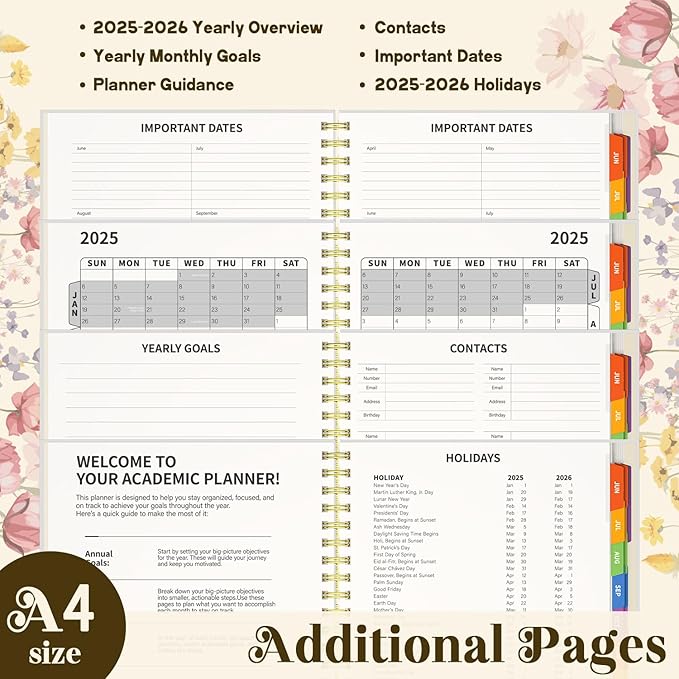 8.5 x11 Academic Planner 2025-2026, June 2025 - Dec 2026 Weekly and Monthly Planner with Colorful Tabs, 19 Months Hardcover College Daily Calendar Organizer for Student Teacher (Floral)