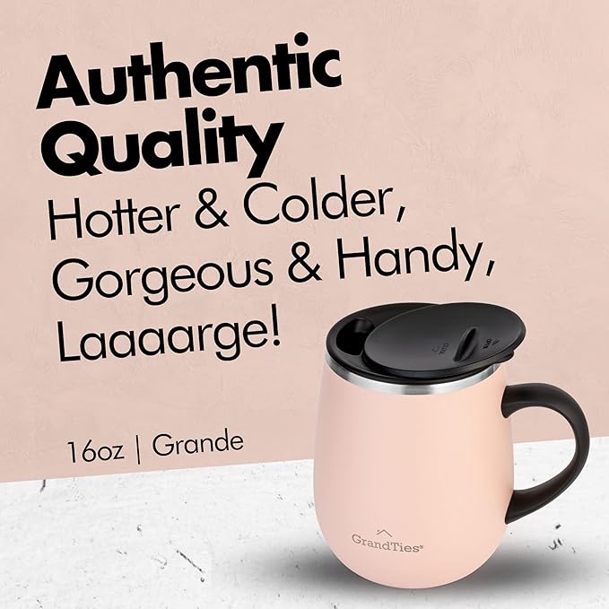 GRANDTIES Insulated Coffee Mug with Handle - Sliding Lid for Splash-Proof 16 oz Wine-Glass Shape Thermal Tumbler with Double Walled Vacuum Stainless Steel to Keeps Beverages Hot or Cold (Peach Crème)