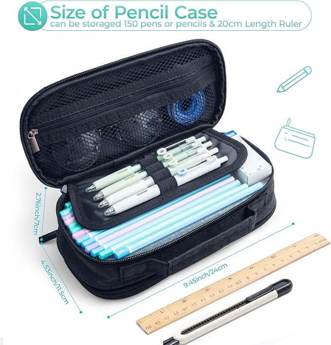 M&G Big Capacity Pencil Case, Large Capacity Pencil Pouch Multi-Slot Pencil Case Organizer, Portable Big Pencil Bags with Zipper for Makeup Brush Teen Boys Girls Office (Black)