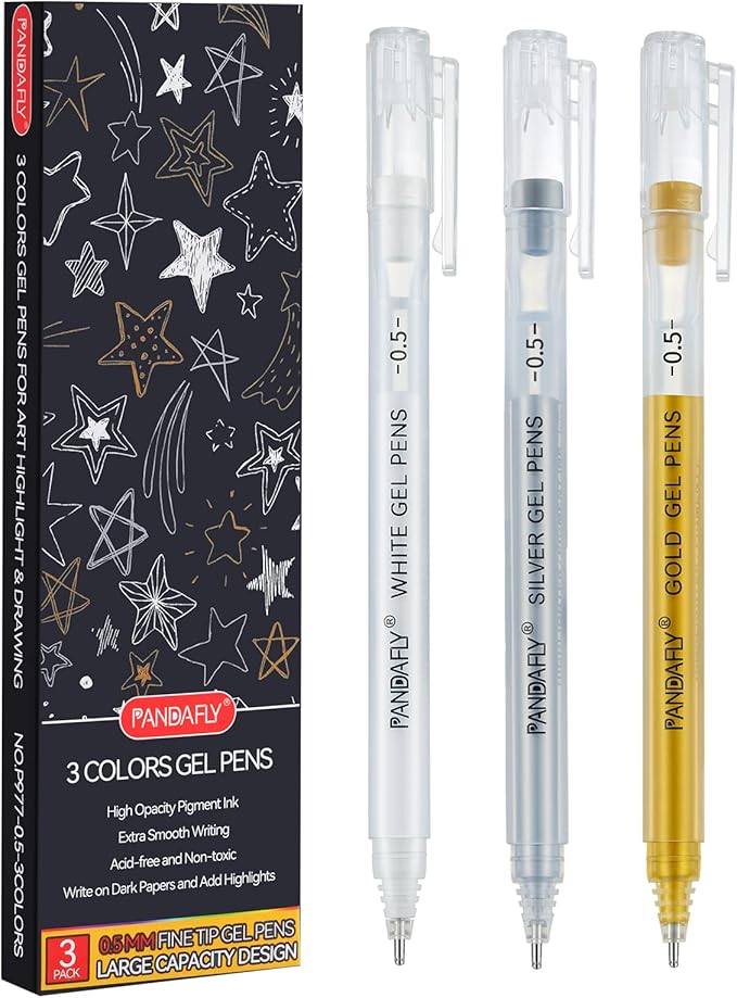 PANDAFLY Gold Silver White Gel Pens, 0.5mm Extra Fine Point Archival Ink Pen for Journaling, Art, or Drawing - For Artist Gifts, Holiday Gifts & DIY Projects, 3 Pack