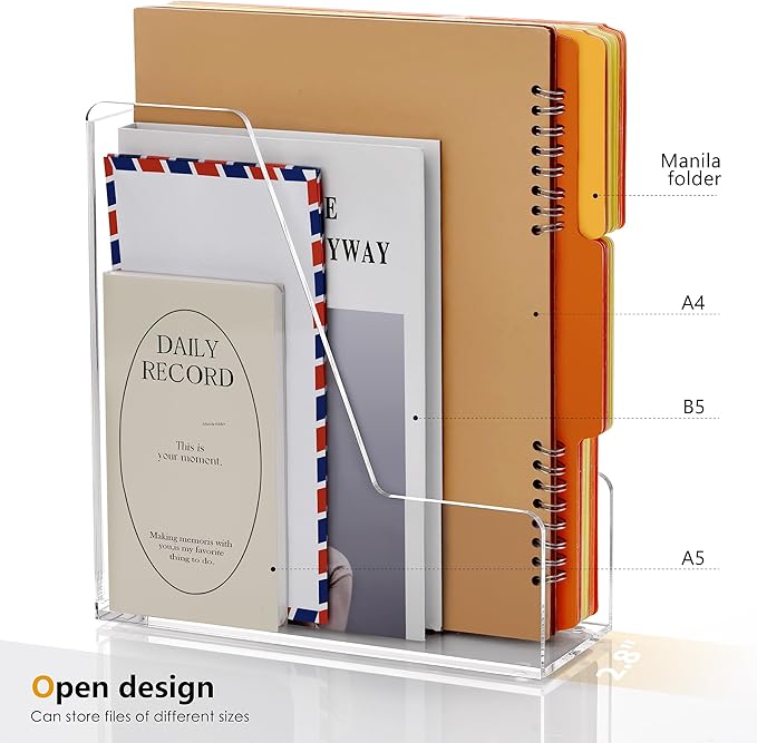 SANRUI 4 Pack Vertical File Holder, Acrylic Desk Organizer Magazine File Sorter for Magazines, Binders, Notebooks, Envelopes, Multi-purpose Clear Document Organizer Rack