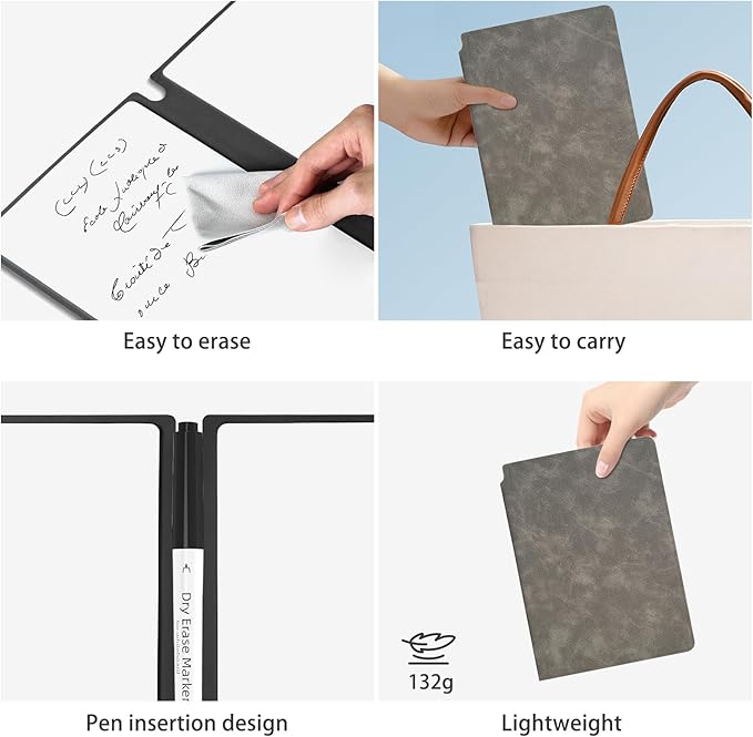 Marte Vanci Whiteboard Notebook Reusable Dry Erase Whiteboard with Pen and Wiping Cloth A5 Portable Dry Erase Pad with PU Cover White Board for Notes Lists Memo Message Presentation(Gray)