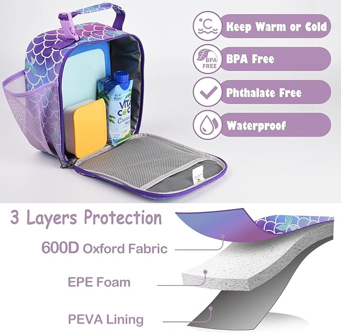 CaCTOUR Lunch Box Kids,Premium Insulated Lunch Bag for Girls Boys,Soft Bag Mini Cooler Back to School Thermal Reusable Lunch Bag for Work School Picnic (Mermaid)