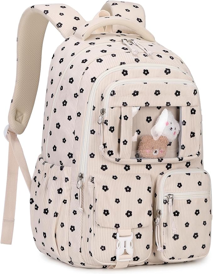 PIG PIG GIRL Corduroy Backpack Kids Backpack for Girls School Bags for Middle School Students Book Bag for Elementary Primary Kawaii Ita Backpack, Flower