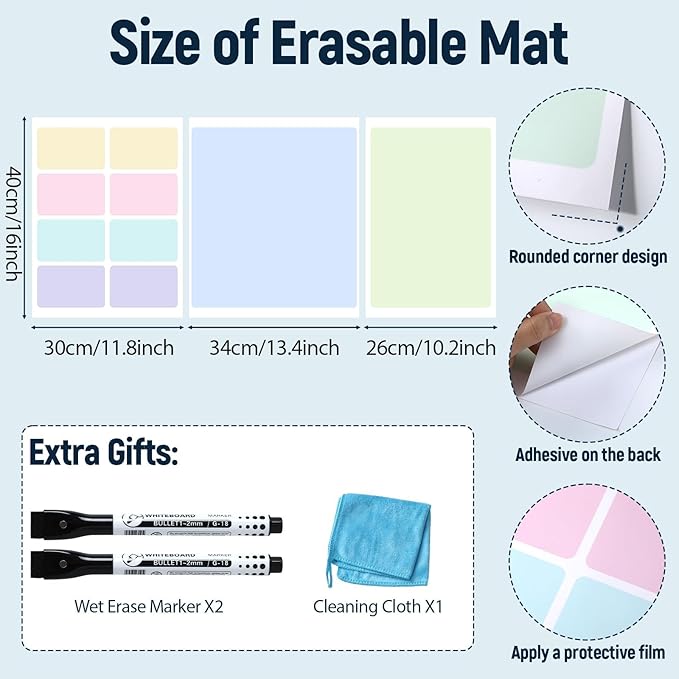 Dry Erase Desk Mat, Large Mouse Pad, Erasable Writing White Board for Making Plans, Self Adhesive Desktop Protector with 2 Wet Erase Markers & 1 Eraser for Home Office School 36"x16" (Pastel)