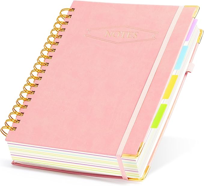 M&G Hardcover Spiral Notebook, 5 Subject Noteboook College Ruled 300 Page, Large 8"x10" B5 Notebooks for Work School, Lined Journal for Women & Men, Pink
