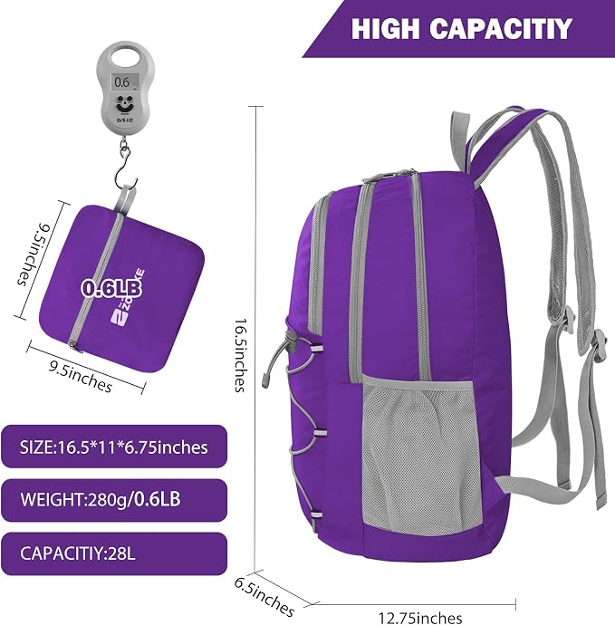 ZOMAKE Lightweight Packable Backpack, Water Resistant Foldable Daypack 28L | Light Hiking Backpacks Collapsible Day Pack for Travel, Everyday Carry, Multi Compartment Storage, Adjustable Strap (Purple)