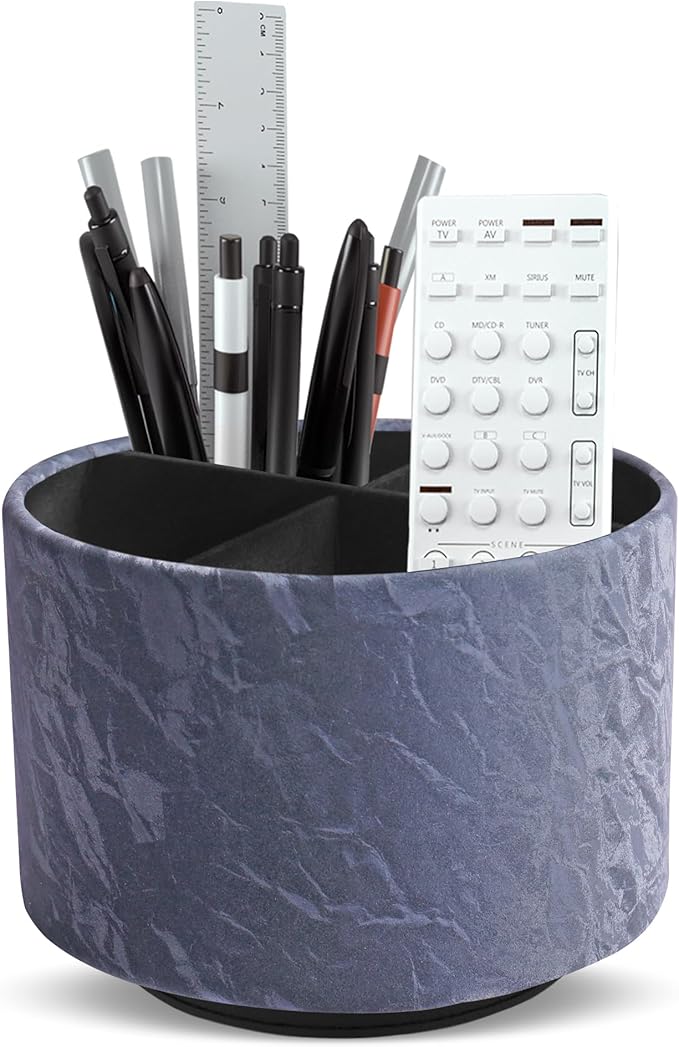 Round Leather Art Supply Organizer,Remote Control Holder,360 Degree Spinning,Multi-Functional Pencil Holder,4 Compartments Desktop Stationary Organizer(1-Hill Blue)