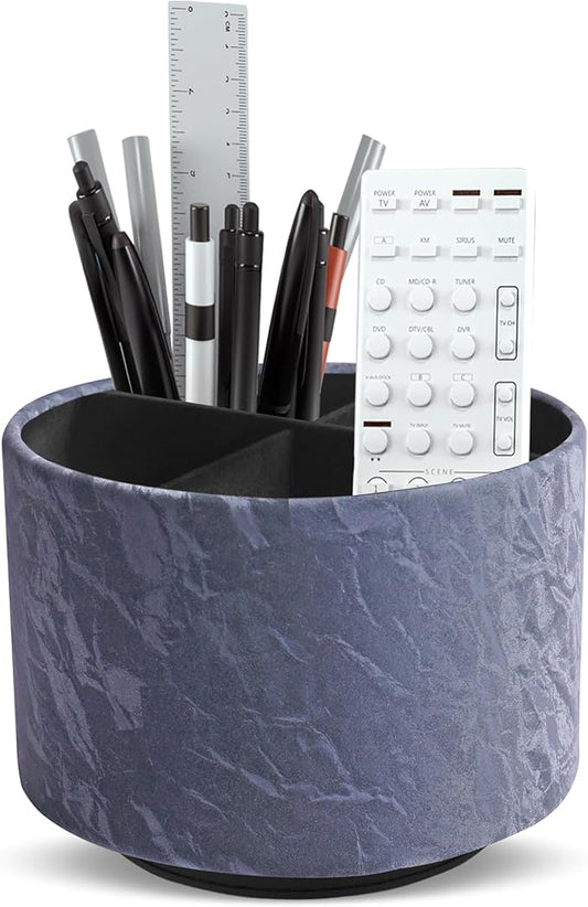 Round Leather Art Supply Organizer,Remote Control Holder,360 Degree Spinning,Multi-Functional Pencil Holder,4 Compartments Desktop Stationary Organizer(1-Hill Blue)