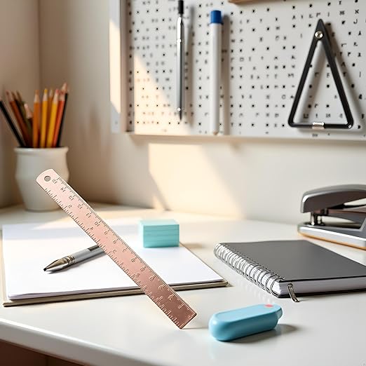 Rose Gold Metal Ruler - Brass Multi-Functional Drafting Tool for Math and Geometry | Precision Measuring Ruler with Bookmark Design,Drafting Kits, Office Stationery Gift