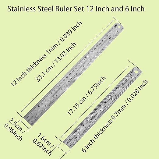 YouOKLight Metal Ruler Set, Stainless Steel 6 Inch and 12 Inch Rulers with Inches and Centimeters, Metric Precision Measuring Drawing Ruler, Silver