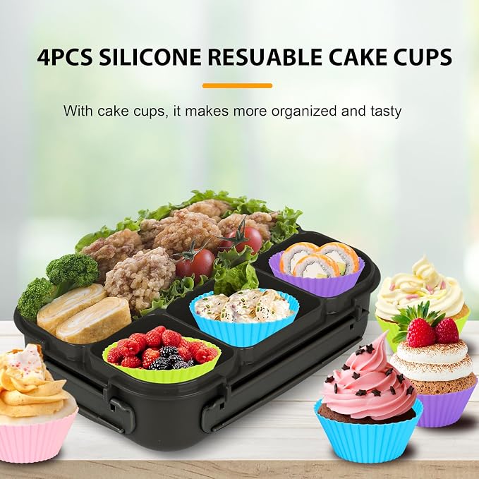 Yumuk Bento Box for Kids 1300ML with 4 Compartment & Cake Cups, Black | Lunch Box Containers for Adults/Kids/Toddler, Leak-Proof, Microwave/Dishwasher/Refrigerator Safe, BPA Free