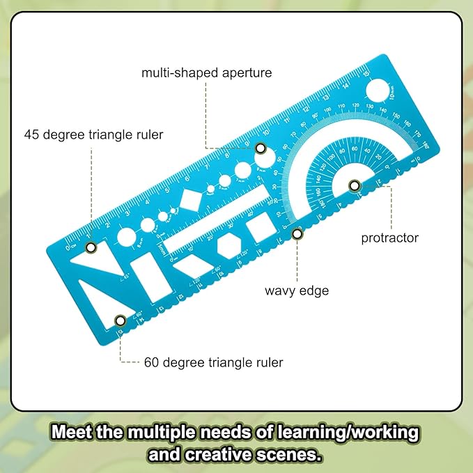 HARFINGTON 2pcs Multifunctional Geometric Rulers 15cm Metric and SAE Aluminum Straight Edge Protractor Angle Math Measuring Ruler Geometric Drawings Templates for Drawing Drafting, Blue