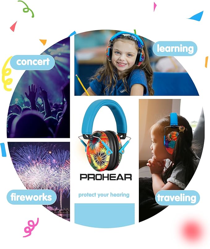 PROHEAR 032 Kids Ear Protection Safety Noise Earmuffs with NRR 25dB, Children Adjustable Headband Hearing Protectors for Monster Trucks, Sports Events, Concerts - Fireworks Pattern
