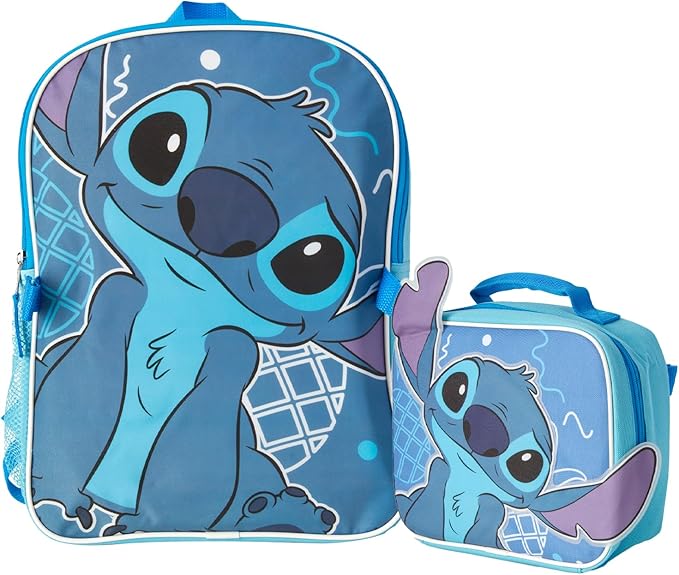 Fast Forward Stitch Kids Backpack and Lunch Box Set - 14 Inch Boys & Girls Backpack with Lunch Box for Preschool Kindergarten, Stitch Blue