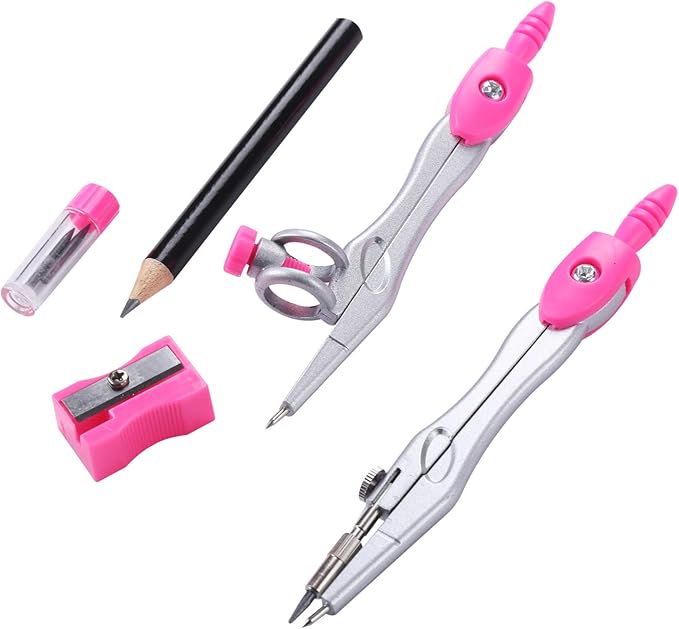 Vobou Math Geometry Kit Sets 10 Piece Student Supplies with Shatterproof Storage Box,Includes Rulers,Protractor,Compass,Eraser,Pencil Sharpener,Lead Refills,Pencil,for Drafting(Pink）