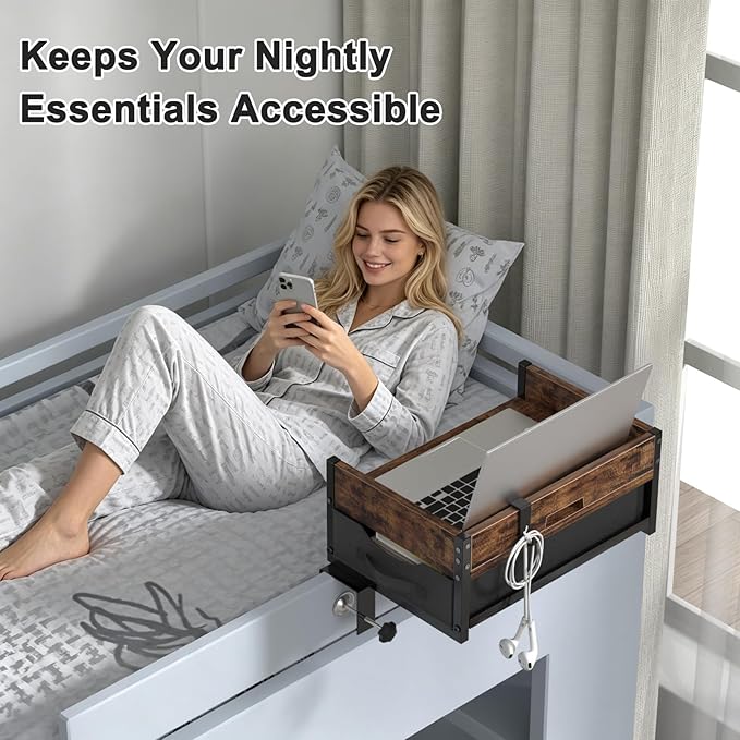 2 Tier Bedside Shelf - Clip on Bedsides Caddy Organizer for Dorm Bunk Beds, Floating Nightstand Bed Side Table Storage with Fabric Drawer, Bunk Bed Accessories Bedside Tray for College, Back to School