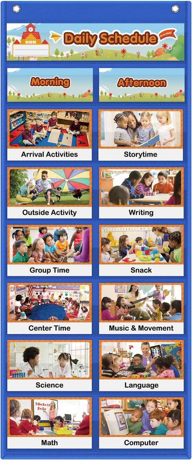 Auchq Daily Schedule Pocket Chart, Visual Schedule for Kids with 23 Activity Cards, 8+1 Pockets, 4 Blank Dry-Erase Cards Included, Great for Classroom Preschool-1 st Gr.(17’’ x 38.5’’ in)