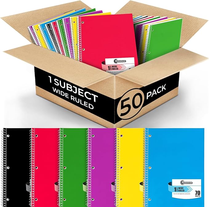 Rosmonde 50 Pack 1 Subject Spiral Notebook Wide Ruled Bulk, 140 Pages (70 Sheets), Thick No-Bleed Paper, 8 x 10-1/2", 3 Hole Punched, Wide Ruled Notebook 1 Subject, Bulk Subject Notebook for School