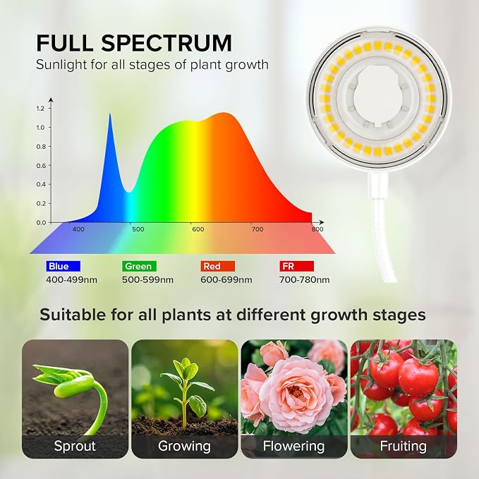 2 Pack Clip-On Grow Lights for Indoor Plants, 12W Each, White | 4000K Full Spectrum, Flexible Gooseneck, 3/6/12H Timer, 4 Dimmable Levels