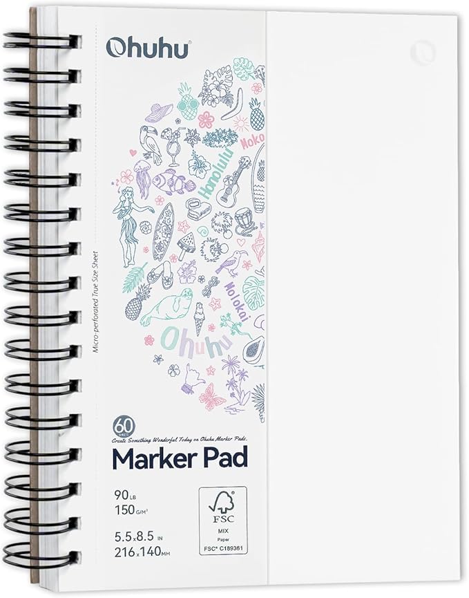 Ohuhu Double-Sided Marker Pads Art Sketchbook Bleedproof - 5.5"x8.5" Small Paper Size - 90 lb/150 gsm Smooth Drawing Paper - 60 Sheets/120 Pages, Spiral Bound Sketching Book for Alcohol Markers Paints