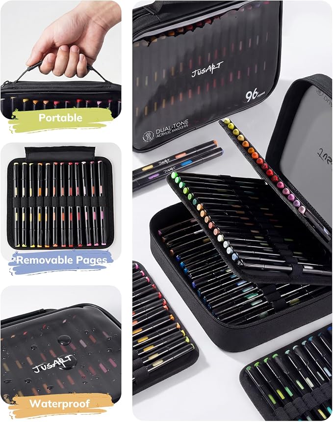 JusArt Acrylic Paint Markers 96 Colors, 48 Dual-Tip Brush Markers, No Bleed
