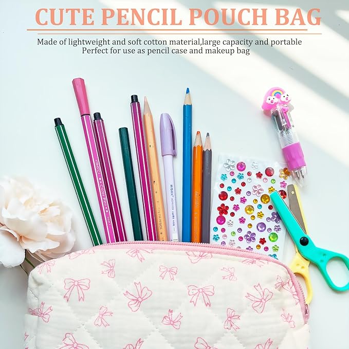 Pencil Pouch Cute Pencil Case Office Storage Bag Holder Box Organizer Aesthetic Bow Flower Pattern Makeup Pouch Cosmetic Bag for Women Girls