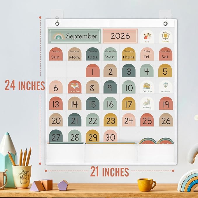 Classroom Monthly Calendar Pocket Chart for Kids Learning, 105 Cards Wall Boho Calendar and Weather, Teacher Supplies for Kindergarten Preschool Elementary Homeschool