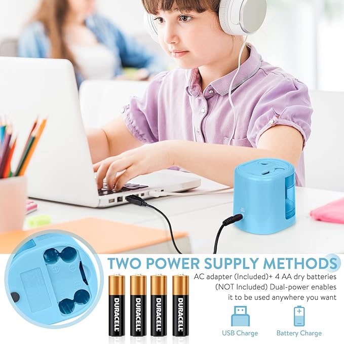 Eagle Electric Pencil Sharpener, Battery or USB Operated, Dual Holes, Dual Blades, fit for Pencils of Size 6-8mm and 9-12mm (Blue)