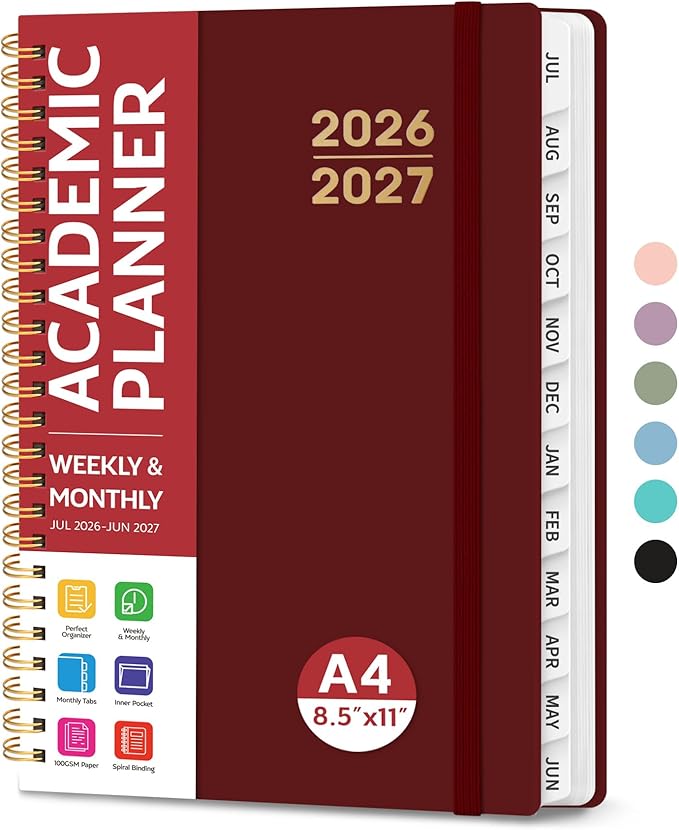 Planner 2026-2027 for Women & Men, Academic Monthly and Weekly Calendar Planner, Jul 2026 - Jun 2027, A4 (8.5" x 11"), Teacher Student Planning Book with Tabs, Ideal for Office School Supplies - Burgundy