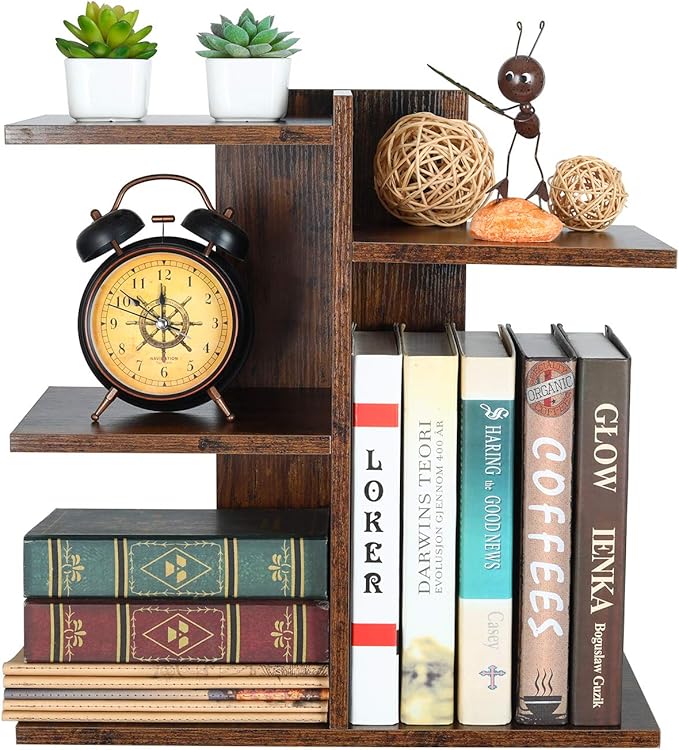 PAG Wood Desktop Shelf Small Bookshelf Desk Supplies Organizers and Accessories Storage Display Rack Office Decor for Women, Antique Brown